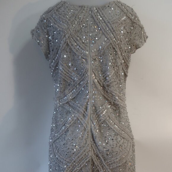 Womens Aidan Mattox Gray Silver Sequin Cap Sleeve Midi Sheath Pencil Dress 14 - Picture 8 of 16